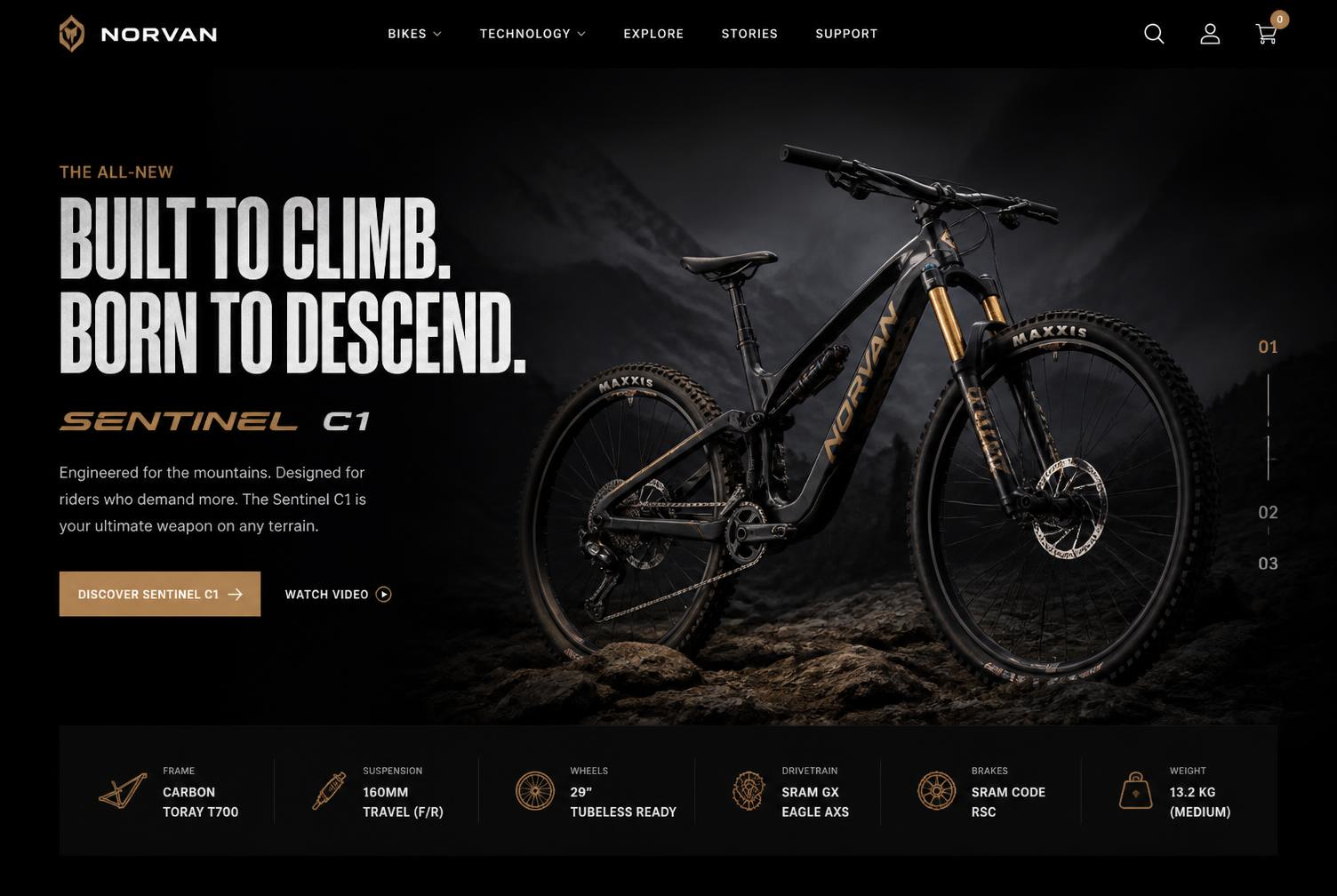 Landing page design for Norvan Cycles mountain bikes