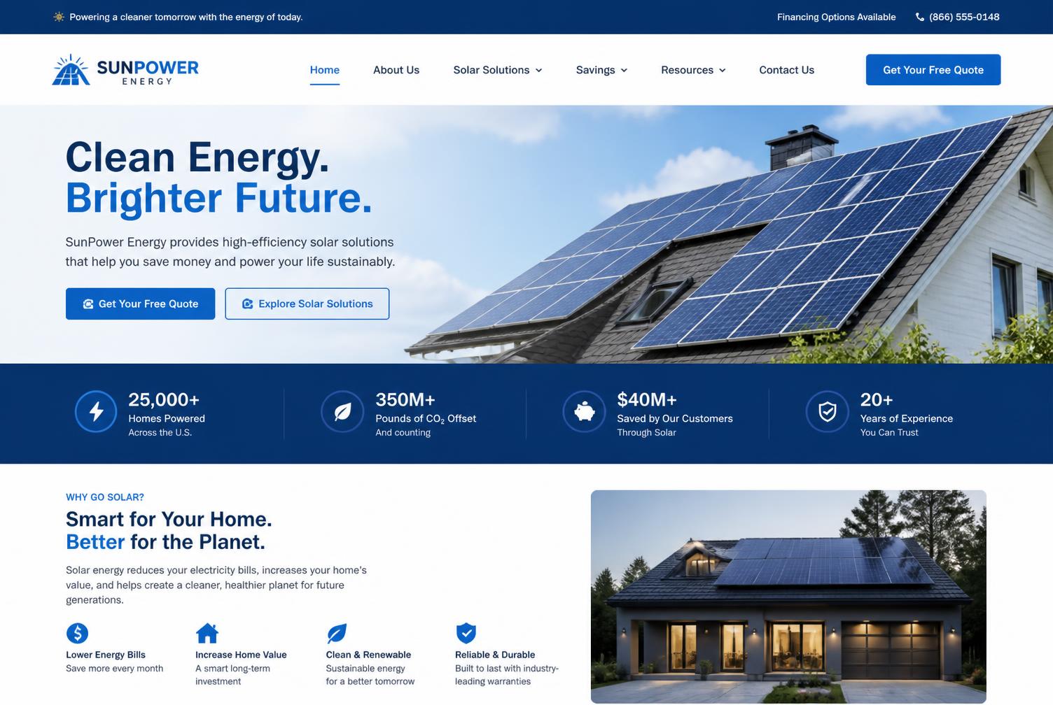 Homepage design for SunPower Energy solar installer
