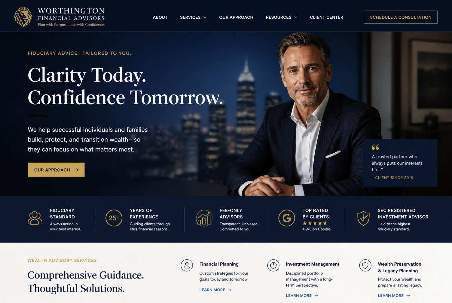Homepage design for Worthington Financial Advisors